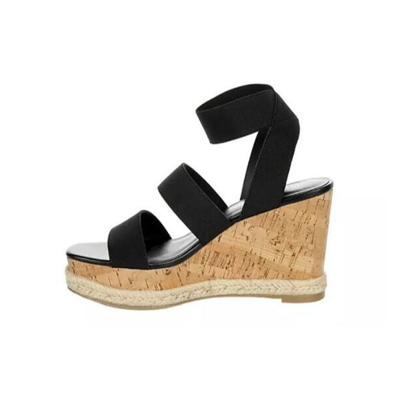 NEW Steve Madden Madden Girl Wedge Sandals Black Cork Heel Open Toe Womens 7.5 - Picture 4 of 8